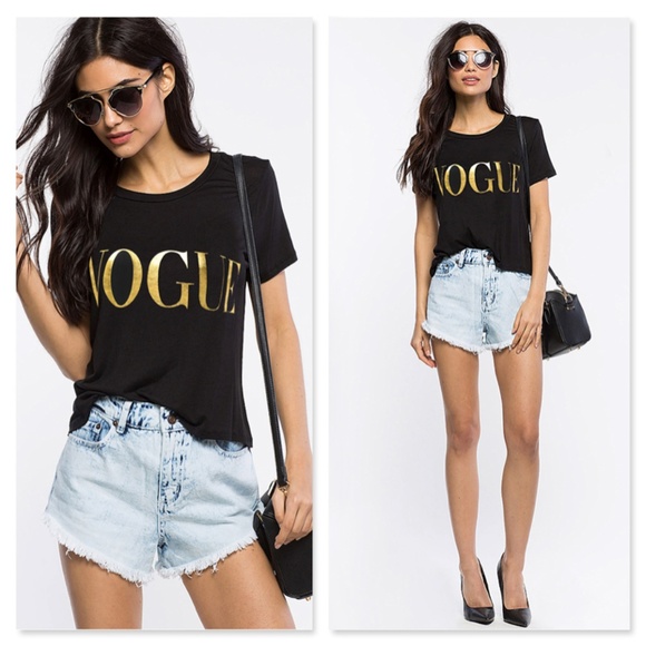 VOGUE Gold Print Black Tee Shirt Crew Neck - Picture 2 of 8
